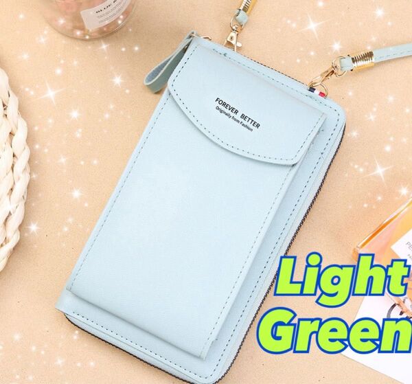 スマホショルダー ライトグリーン ショルダー バッグ 肩掛け スマホ 携帯 軽量 便利 財布 カード 小物 女性 婦人 シンプル