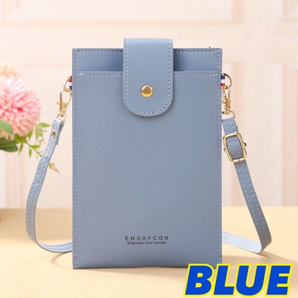 薄型 軽量 スマホポーチ ショルダーバッグ スマホショルダー ブルー 青 肩掛け 携帯 スマホ 小物入れ 女性 学生 婦人 旅行