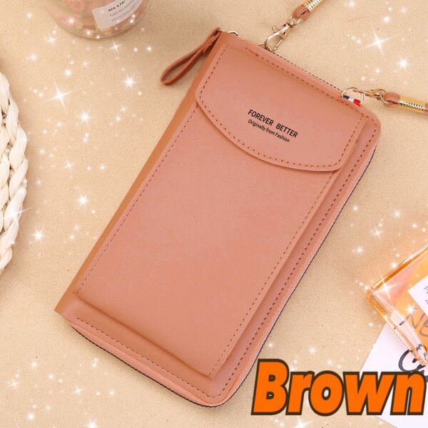 スマホショルダー ブラウン ショルダー バッグ 肩掛け スマホ 携帯 軽量 便利 財布 カード 小物 女性 婦人 シンプル