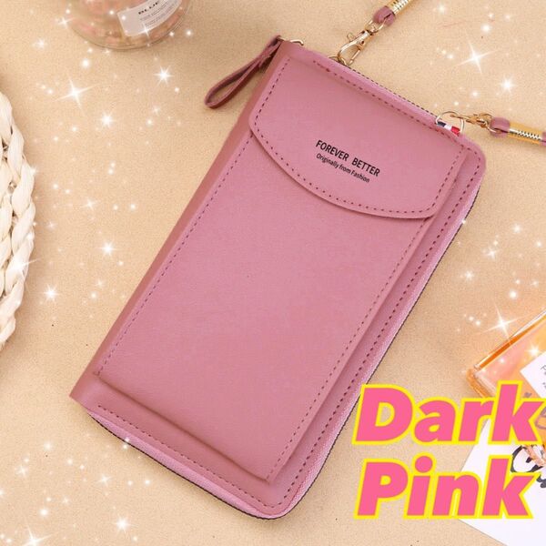 スマホショルダー ダークピンク ショルダー バッグ 肩掛け スマホ 携帯 軽量 便利 財布 カード 小物 女性 婦人 シンプル