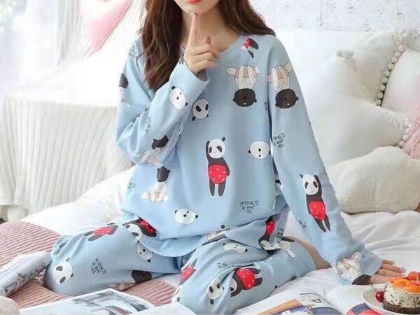 パンダ 水色 XLサイズ ルームウェア パジャマ 春夏秋 薄手 部屋着 リラックス 上下セット 女性 婦人 長袖 ズボン