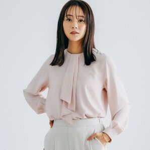 23日まで!新品未使用 グローバルワーク お手入れらくらくボウタイ風ブラウス ライトピンク XLサイズ 長袖 着痩せ効果