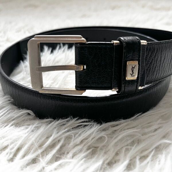 良品 YSL イヴサンローラン レザーベルト レディース シルバー金具 黒