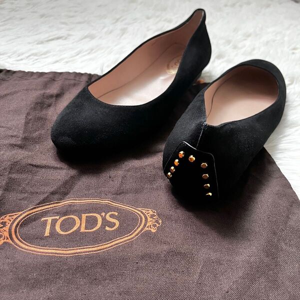 極美品 トッズ TOD'S ☆ スエードレザー スタッズ フラット パンプス 黒