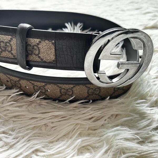 良品☆GUCCI インターロッキング GG メンズ ベルト キャンバス レザー