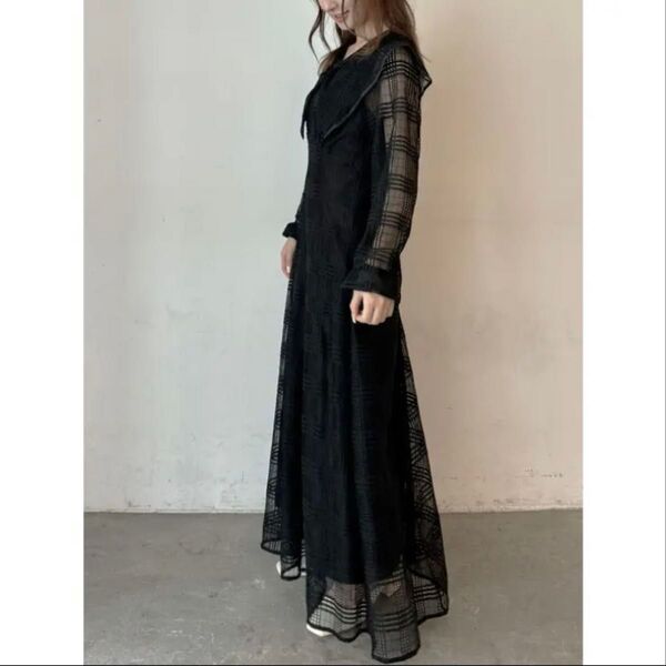 新品 CALNAMUR 藤田ニコル リボンカラー レース ワンピース 黒色 ブラック カルナムール