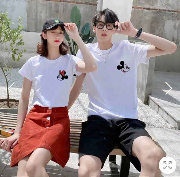 ミッキー ミニー お揃い ペア 白 シンプル ディズニー カップル 半袖Tシャツ ロゴTシャツ