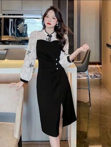 フローラル刺繍のスタンドカラーワンピース スリット入りロングスリーブドレス レディース服 ワンピース チャイナ風 キャバドレス