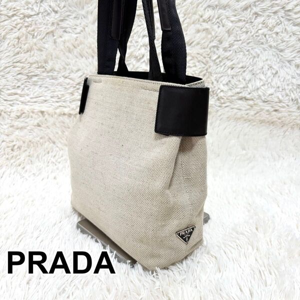 PRADA プラダ ハンドバッグ キャンバス レザー 本革 三角ロゴ ロゴプレート ダークブラウン バック