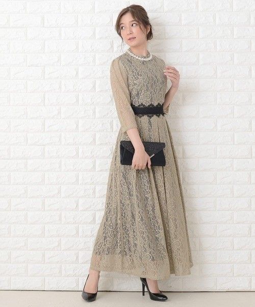 Lace Ladies ドレス 花柄総レースロング丈フレアワンピース。ド レス ベージュ Mサイズ