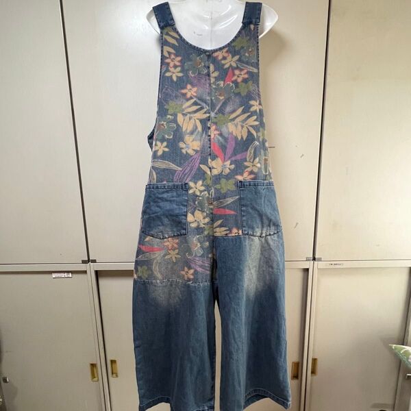 最終 デニム花柄サロペット オーバーオール L