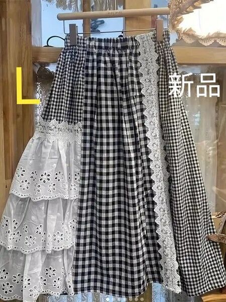 新品 ギンガムチェックとレースのフレアロングスカート ギンガムチェック レース L