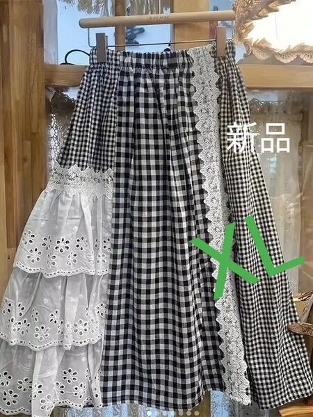 新品 ギンガムチェックとレースのフレアロングスカート ギンガムチェック レース XL