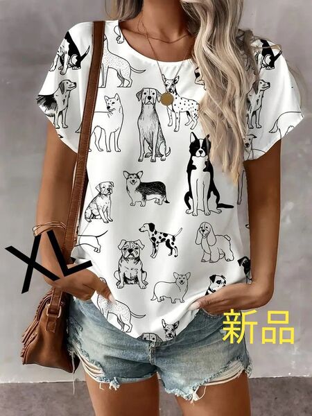 新品 犬いっぱい 白黒ワンちゃん フレンチTシャツ XL