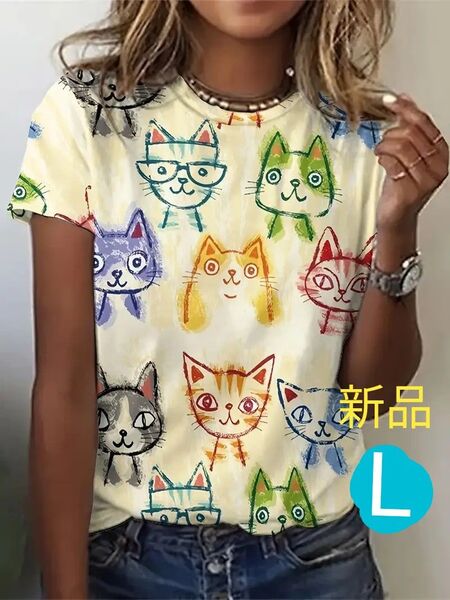 新品 カラフルねこ いっぱい半袖Tシャツ L