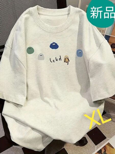 新品 襟 ラウンドネック アニマル Tシャツ ライトグレー XL コットン100