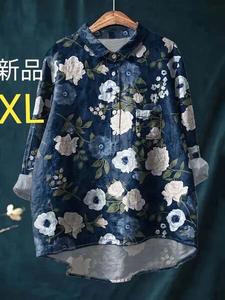 新品 カジュアルブラウス 襟付き 胸元ボタン 花柄シャツブラウス 紺 XL