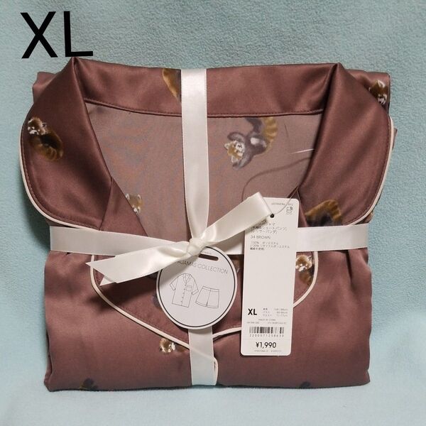 新品☆XL/サテンパジャマ(半袖&ショートパンツ)レッサーパンダ・ブラウン☆GU