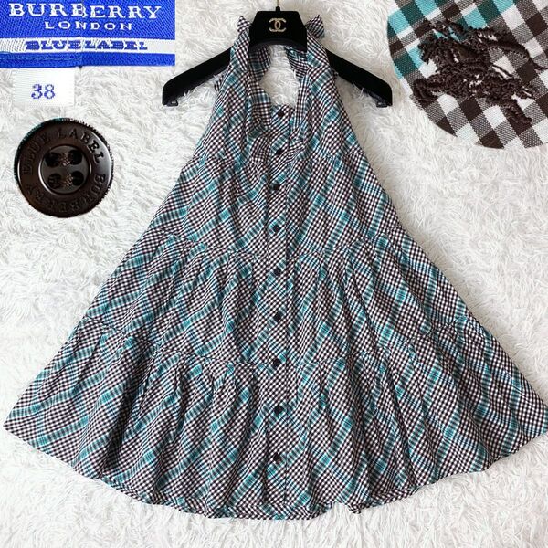 美品 Burberry Blue label バーバリーブルーレーベル ノバチェック ホルターネック ティアード ワンピース 刺繍