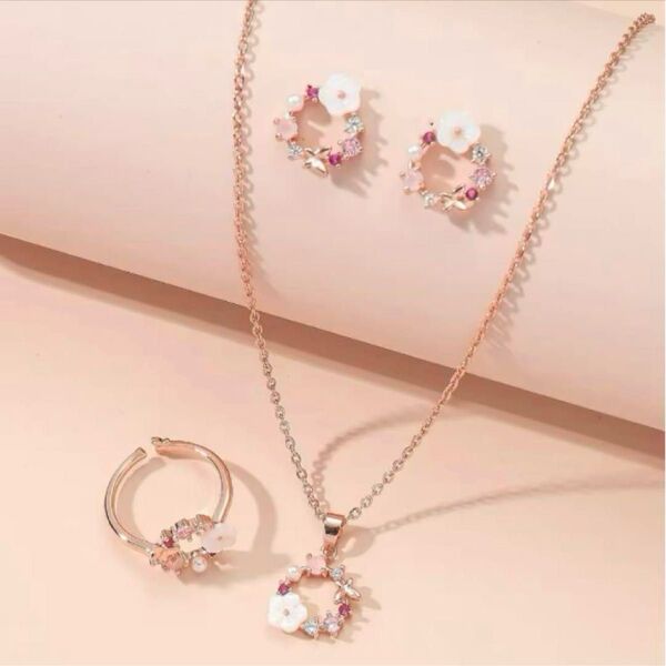 ネックレス ピアス 指輪 ジュエリーセット ピンク