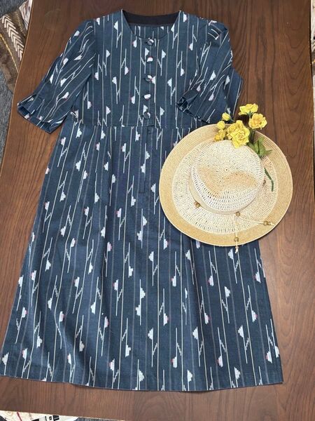 伝統工芸本久留米絣ワンピース 木綿 手作り藍藍