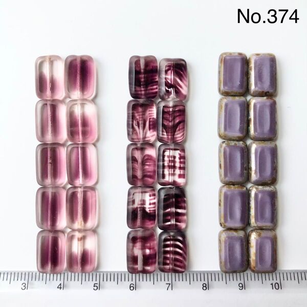 No.374 チェコビーズ テーブルカット レクタングル 12×8mm 3種各10個計30個 パープル系アソート