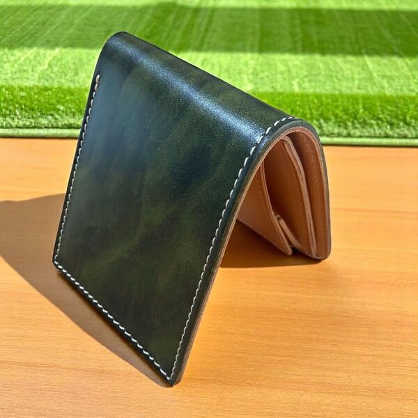 フルレザー 二つ折り財布 本革 緑 メンズ レディース 小銭入れ カードケース