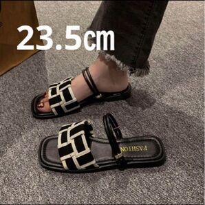 ローヒールサンダル 上品 大人かわいい 韓国 レディースサンダル 海外旅行 23.5cm ぺたんこ 白黒 2way