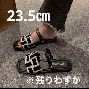 ローヒールサンダル 上品 大人かわいい 韓国 レディースサンダル 海外旅行 23.5センチ ぺたんこ 白黒 2way