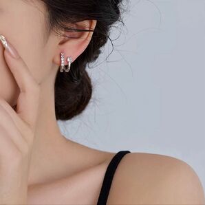 N184ラインジルコン 2連 キラキラ 痛くないイヤリング シルバー 結婚式 発表会 韓国 日常 通勤 上品 おしゃれ エレガント