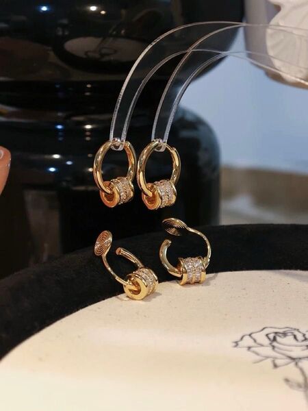 N195新商品 揺れる 2wayイヤリング イヤーカフ ゴールド色 キラキラ ジルコン 韓国おしゃれ 日常通勤 結婚式 かわいい