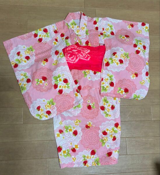 女の子 浴衣 いちご柄 100cm ピンク 兵児帯付き