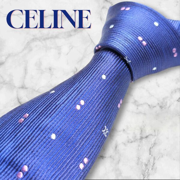 CELINE セリーヌ ネクタイ マカダム トリオンフ 総柄 ドット ハイブランド イタリア製 ブルー 青 高級 紳士服