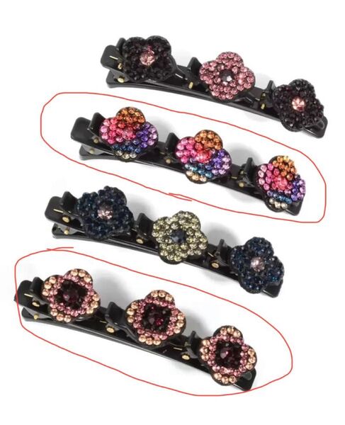 2個セット2点キラキラ新品ライントーン3連フラワー花ヘアピン髪留めビジューくちばしサイドヘアクリップ髪飾りヘアアクセサリー黒ピンク