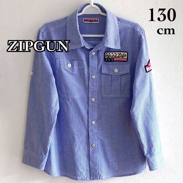 ZIPGUN 長袖 7分袖 ロールアップ 襟付き シャツ ブルー チェック柄 130cm