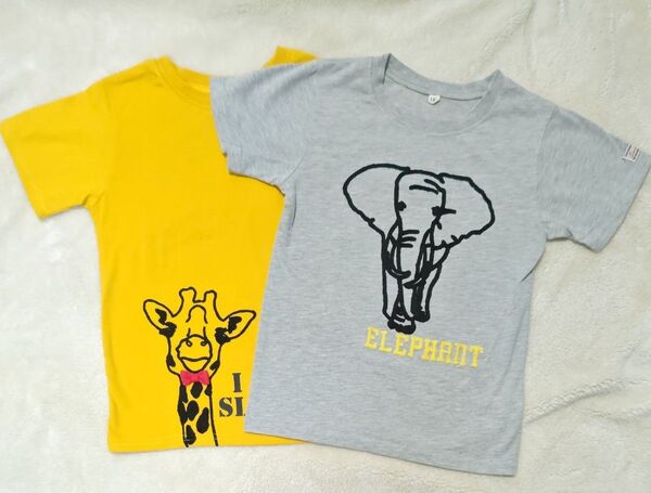 キッズ 半袖Tシャツ 2枚組 130 象、キリン柄