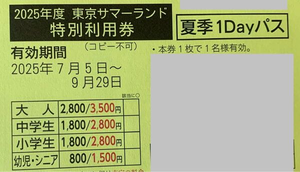 東京サマーランド特別利用券2枚 2025年7月6日〜9月29日まで夏季1日券