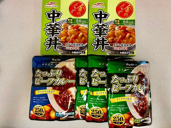 ハチ たっぷりビーフカレー辛口 250g×1袋 たっぷりビーフカレー中辛 250g×3袋 マルハニチロ 中華丼 140g×2箱