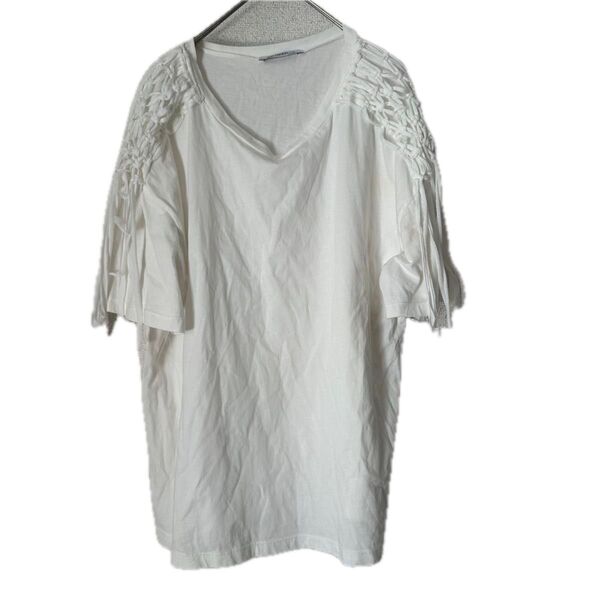 ZARA ザラ カットソー 半袖 ホワイト Tシャツ トップス Vネック フリンジ 春夏