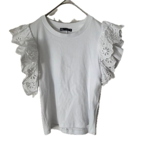 大きいサイズ ZARA ザラ Tシャツ トップス 半袖 カットソー ホワイト 白 クルーネック フリル レース スリーブ