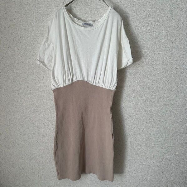 ZARA ザラ ワンピース ホワイト 白 切替 ドッキング ニット ベビーピンク くすみピンク Tシャツ