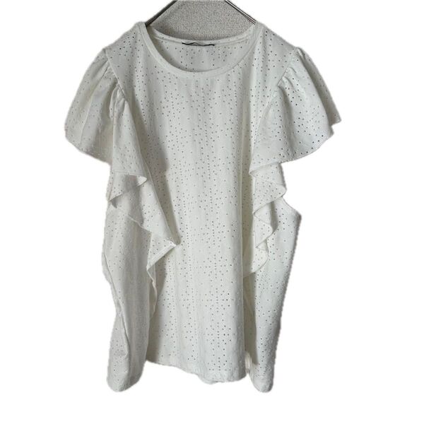 大きいサイズ ZARA ザラ 半袖 Tシャツ カットソー トップス ホワイト レース フリル スリーブ クルーネック 白