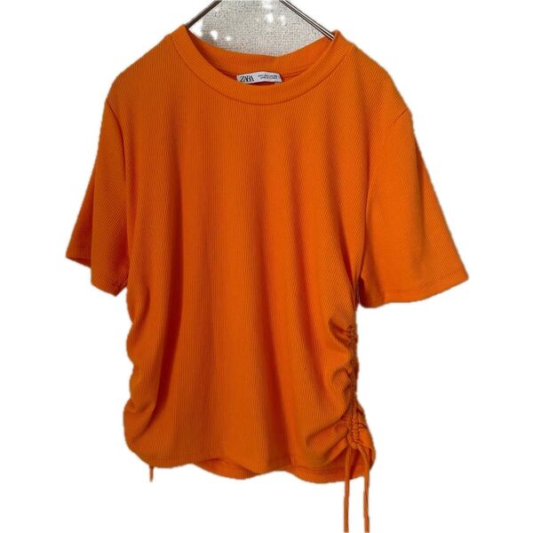 大きいサイズ ZARA ザラ Tシャツ カットソー 半袖 リブ ビタミンカラー リボン 絞り クルーネック 無地 L