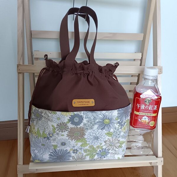 ハンドメイド 巾着トートバッグ 花柄 巾着バッグ Dカン付ショルダー可 手提げトートバッグ2way