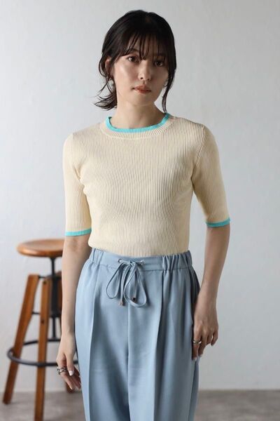 新品未使用タグ付きbonjour saganボンジュールサガン配色デザイン五分袖リブニットアイボリーバイカラー二の腕体型カバー
