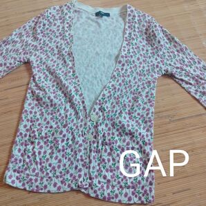 ギャップGAP 小花柄 白×紫 ピンク 薄手 綿100%カーディガン オーバーブラウス 5分袖 カットソー XXS