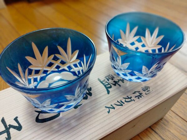 創作ガラス 藍色切子 冷茶碗揃 切子グラス 江戸切子 青 ブルー 5個セット 新品未使用 桐箱入り