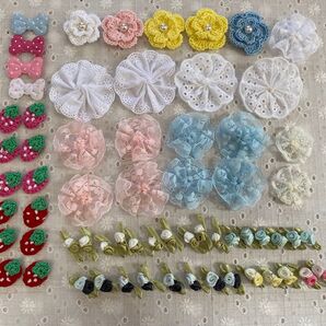 手芸材料 モチーフいろいろ 65個 布・レース・リボン素材 長期自宅保管品 外国産 在庫処分 在庫限り