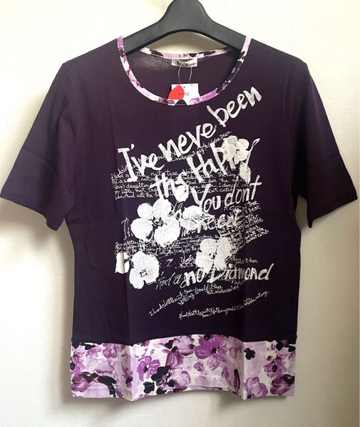 花柄ツートンプリント半袖Tシャツ紫カットソー新品タグ付きCOOLシャツ冷感接触