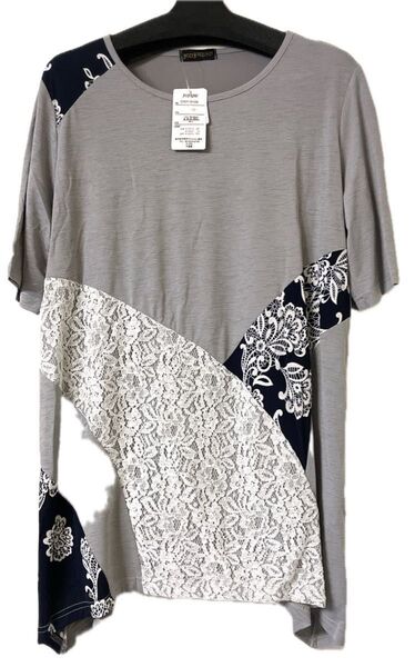 グレー 半袖Tシャツレース柄切り替え新品タグ付きプレゼント母の日 誕生日